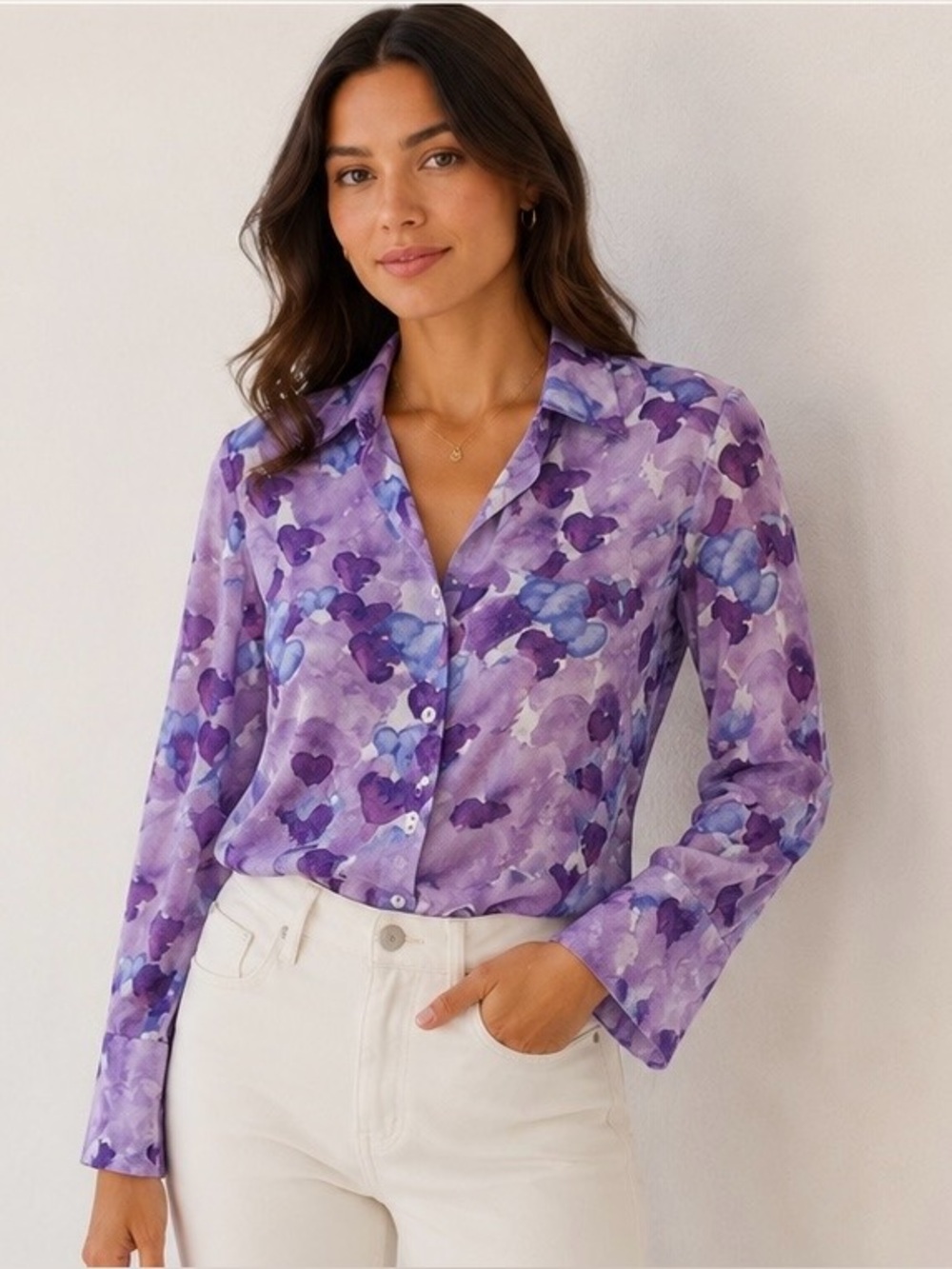 Purple Silk Heart-Print Button-Up Top